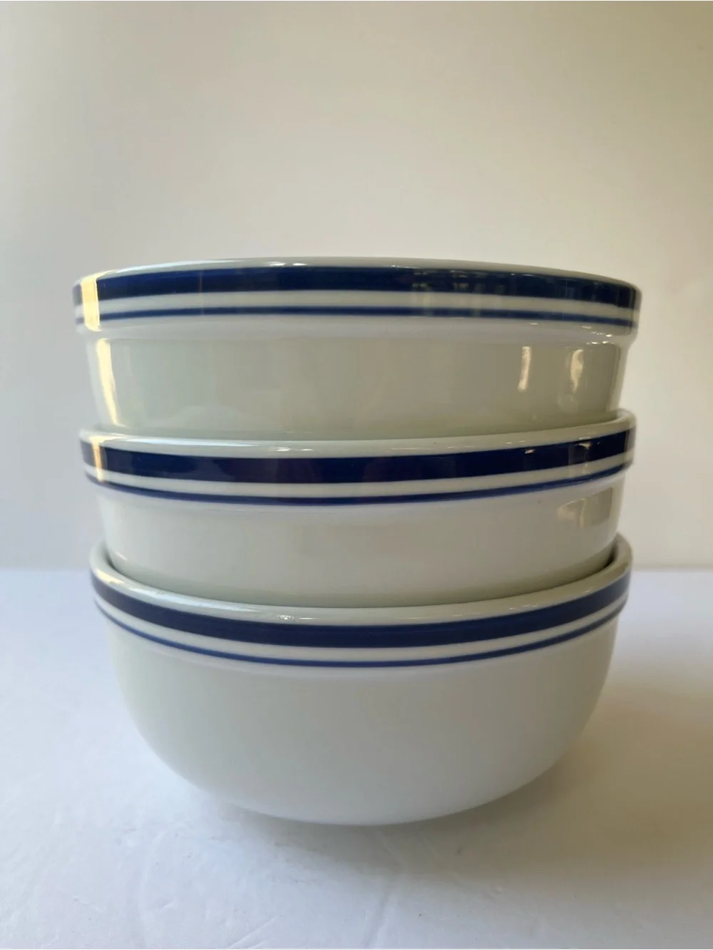 Pottery Barn 3 Blue White Stripe Coupe Cereal Soup Bowls Classic Coastal Retired